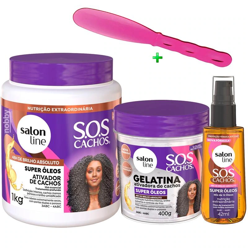 Salon Line Super Óleos · Kit Ativador de Cachos — Ativador 1 kg, gelatina 400 g, óleo 42 ml e espátula