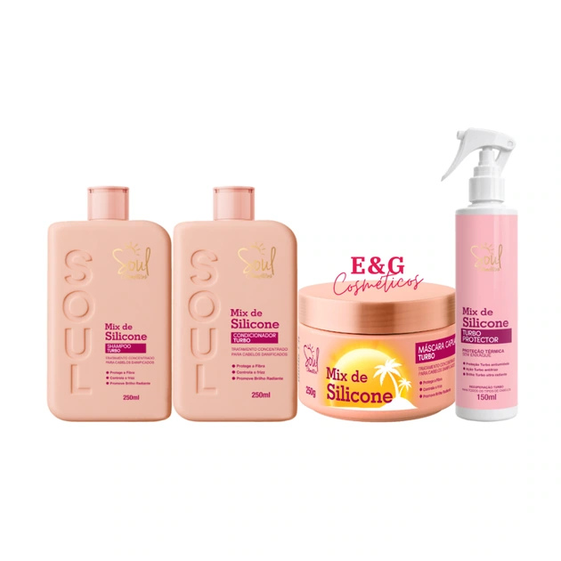 Soul Cosméticos Mix de Silicone Turbo — Kit com shampoo, condicionador, máscara e protetor térmico